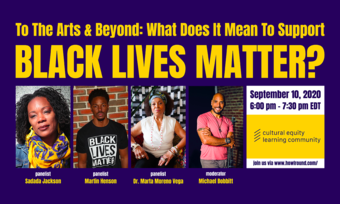 Poster with headshots of speakers that says Black Live Matter.
