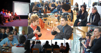 Collage of theatre artists gathering and speaking at the From Scarcity to Abundance convening.