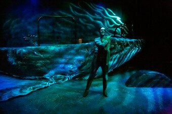A performer stands on a dimly lit stage in front of a whale setpiece.