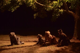 Performers in animal masks kneel on all fours beneath the shadow of a tree at night.