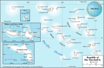 Map of the Marshall Islands with two inlays of smaller atolls.