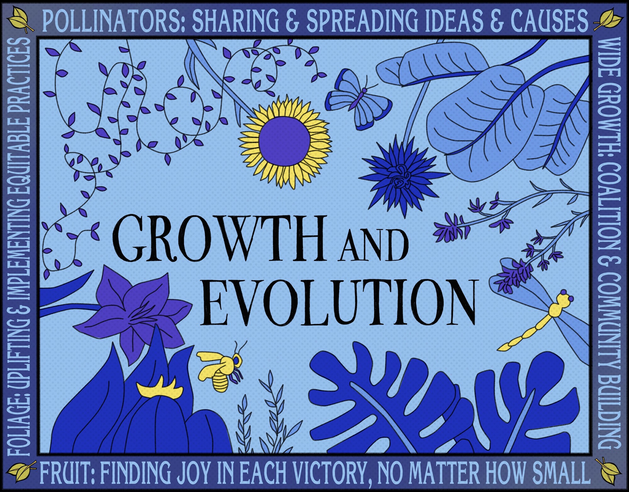 A blue image with the words "Growth and Evolution" against a floral background and the words "pollinators," "wide growth," "fruit," and "foliage" in the margins.