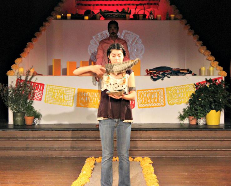 an actress performing with props