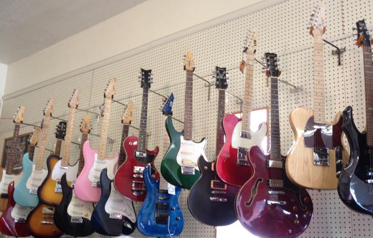 a row of guitars