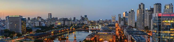 Skyline of Buenos Aires at dusk.