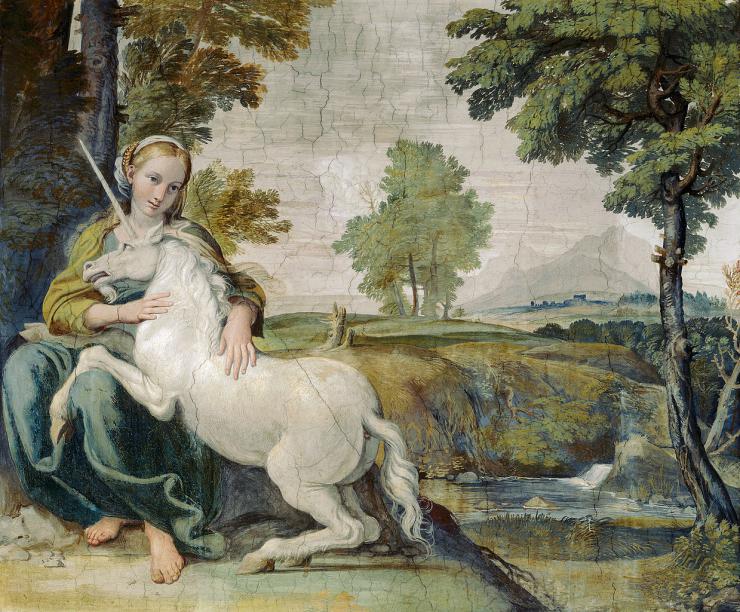 A painting of a woman with a unicorn 