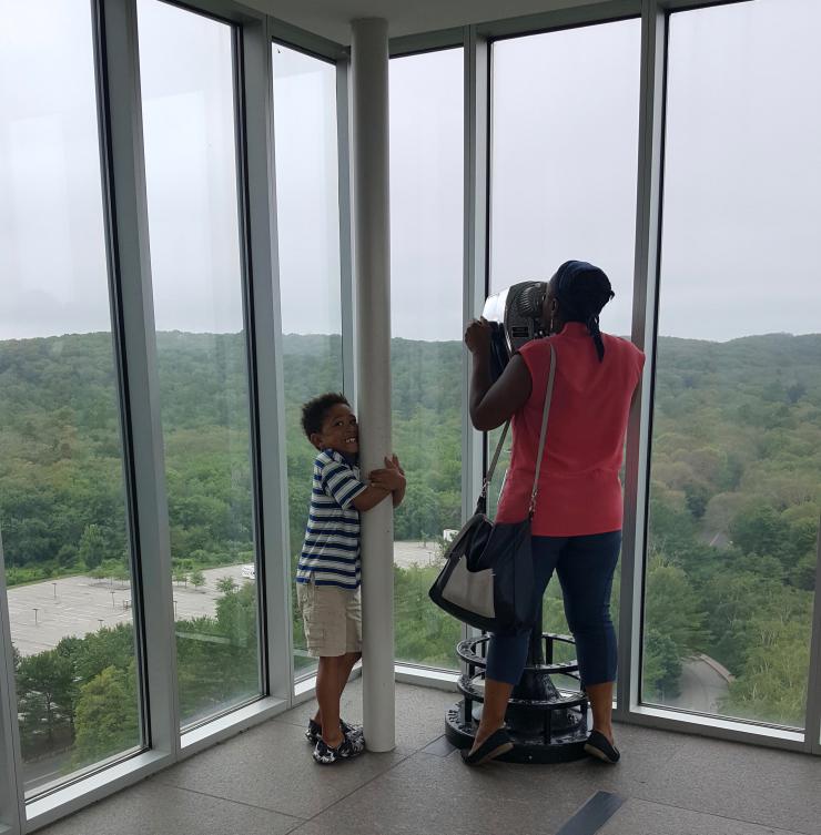 Two people looking out over an Observation Deck.