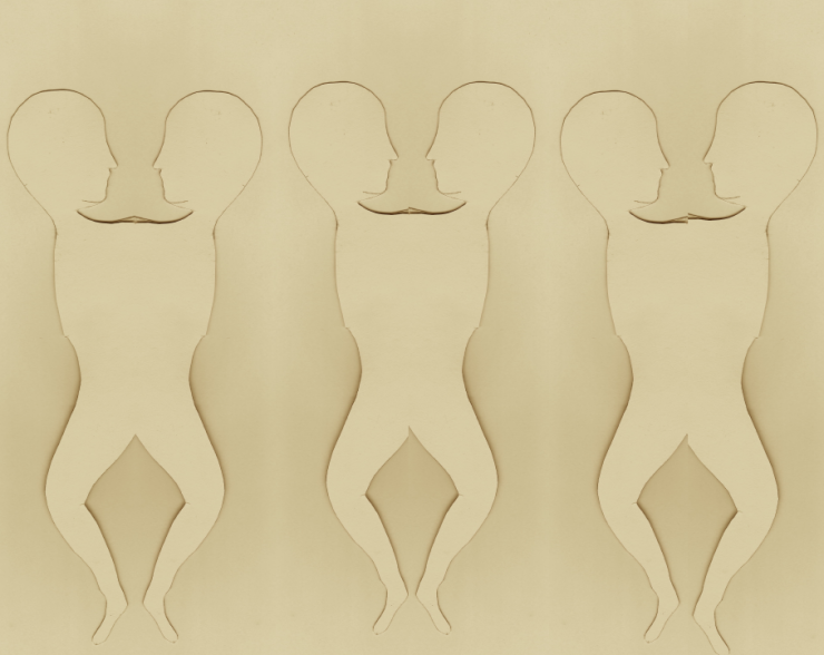 an abstract repeating illustration of two intertwined bodies. 