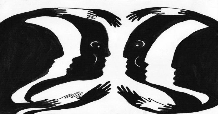 An illustration of multiple black and white faces facing each other.