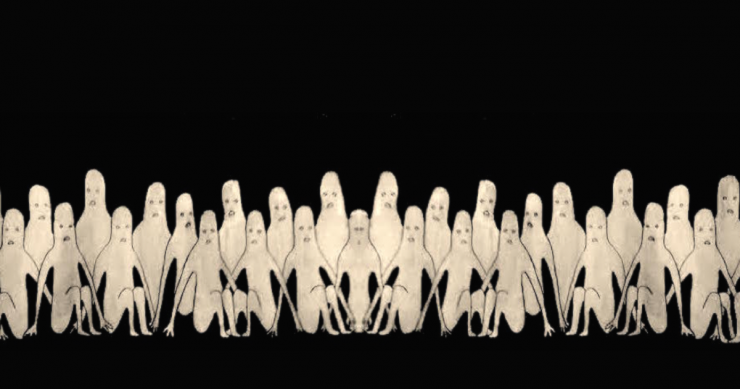 An illustration of white figures against a black background.