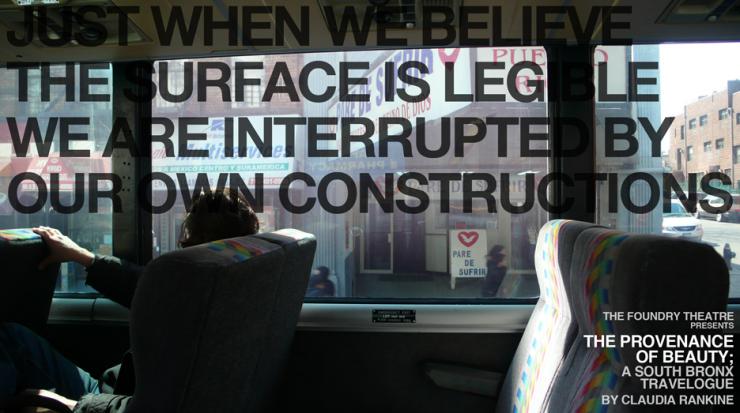 A person gazes out the window of a coach bus with superimposed text above them