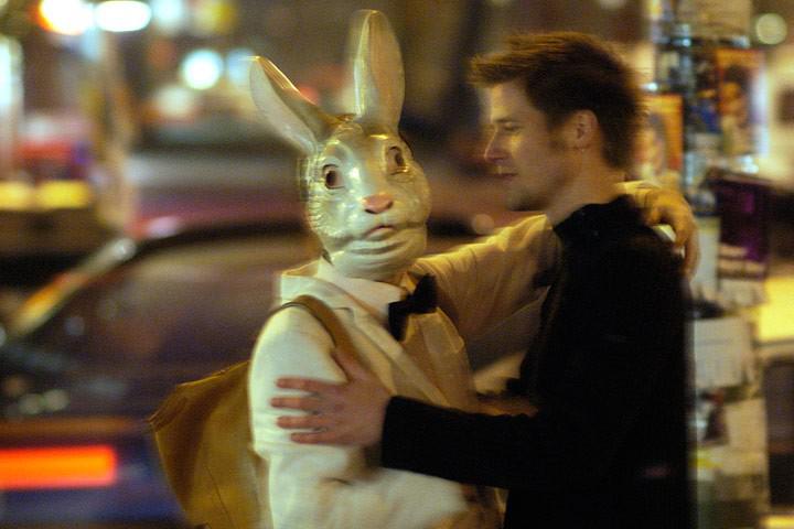 a man and person in a rabbit costume 