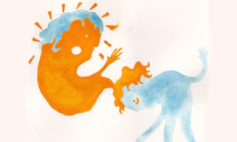 A watercolor art piece in which a blue figure and an orange figure interact with each other.