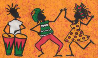 An illustration in traditional African style depicting three people dancing.
