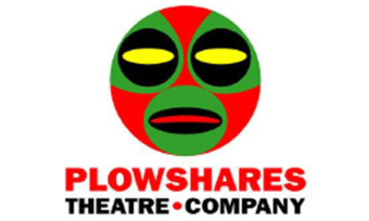 A logo for Plowshares Theatre Company with a face above the name of the company.
