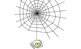 A cartoon spider hanging from a web.