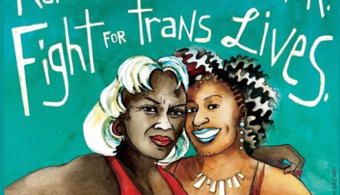 Illustration of two Black trans women with the text fight for trans lives
