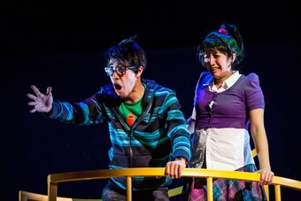 two performers making faces holding a rail
