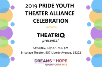 Pride Youth Theater Alliance flyer 2019 framed with colorful bubbles