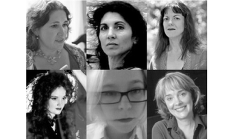 Headshots of Charlotte Meehan, Lisa Schlesinger, Caridad Svich, Ruth Margraff, Lisa Timmel, and Kate Snodgrass.