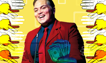 actor holding money against yellow background