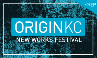 blue logo with white text ORIGIN K C new works festival