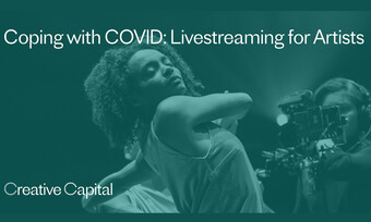 image of dancer in green with white text coping with covid