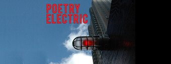 building against blue sky with red text poetry electric
