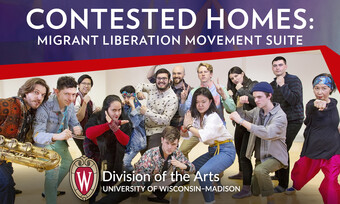 Group of people posing under the text "Contested Homes: Migrant liberation movement suite"