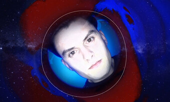 a face in a circle in a photo of space, with red and blue swirls