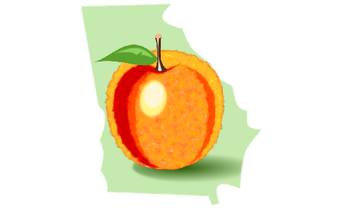 The state of georgia and an illustration of a peach.