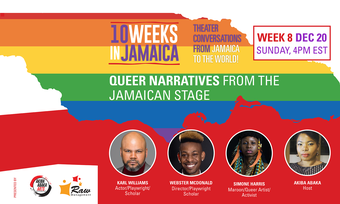 Text with details of the livestream and headshots of the speakers. The background is a rainbow in the shape of Jamaica.