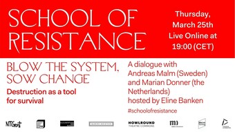 red banner with white text SCHOOL OF RESISTANCE above event detail text.