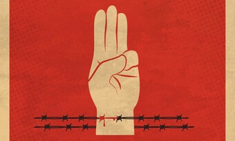 illustration of hand with three fingers raised and barbed wire over the wrist.