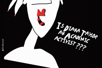 illustration of red lips with text "is diana taylor an academic activist?".