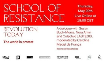 red and white poster with event information for school of resistance episode fourteen.
