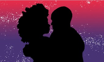 The silhouettes of a Black woman and a Black man in an embrace against a pink-purple ombre background.
