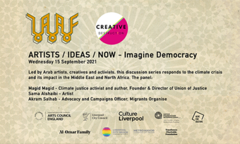 poster for the artists, ideas, now, imagine democracy event.