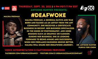 Event poster with headshots for Deaf Woke with Malika Freeman.