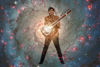 artist holding a sitar in front of an image of a galaxy.