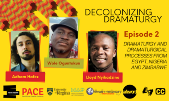 event poster with speaker headshots for Dramaturgy and dramaturgical processes from Egypt, Nigeria and Zimbabwe.