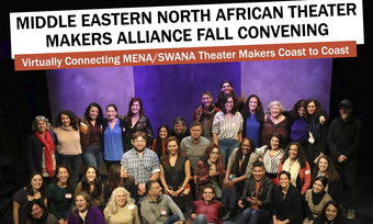 event poster for menatma fall convening with group photo of MENA artists.