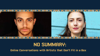 event poster for no summary with headshots of artistic director Sahar Assaf and playwright Adam Ashraf Elsayigh.