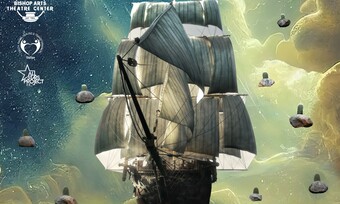 event poster for the 1619 project talkback of an old ship sailing through the sky.
