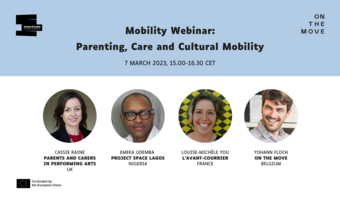 event poster for Mobility Webinar: “Parenting, Care and Cultural Mobility” with speaker headshots.