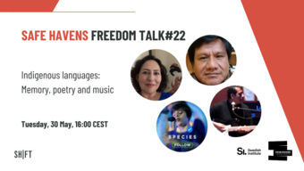 Event poster for safe havens freedom talk Indigenous Languages: Memory, Poetry, and Music.