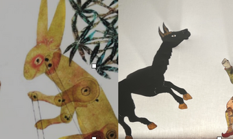 shadow puppets representing a horse and a rabbit.
