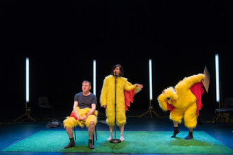 Three performers in chicken suits during a performance.