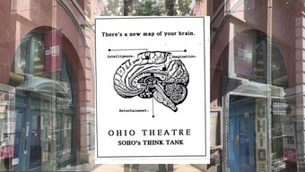 A anatomical map of a brain over a New York City street.