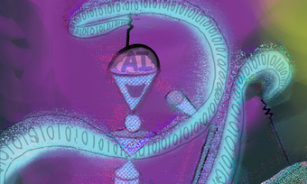 glowing blue binary code around a shape labeled A I.